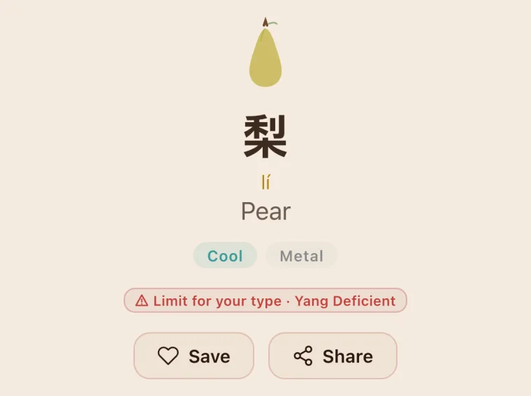 The pear card: 梨 lí, Cool and Metal tags and a red “Limit for your type · Yang Deficient” badge above Save and Share