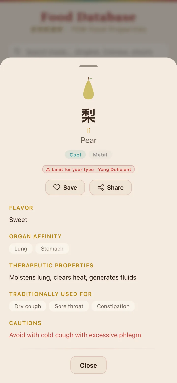 The pear card with a “Limit for your type · Yang Deficient” badge, its cool nature and Metal element, flavour, organ affinity, properties, traditional uses and cautions