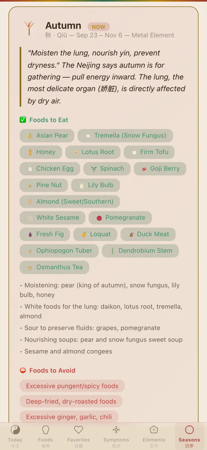 The Seasons tab on the Autumn card: foods to eat, eating notes such as pear, the king of autumn, and the first foods to avoid