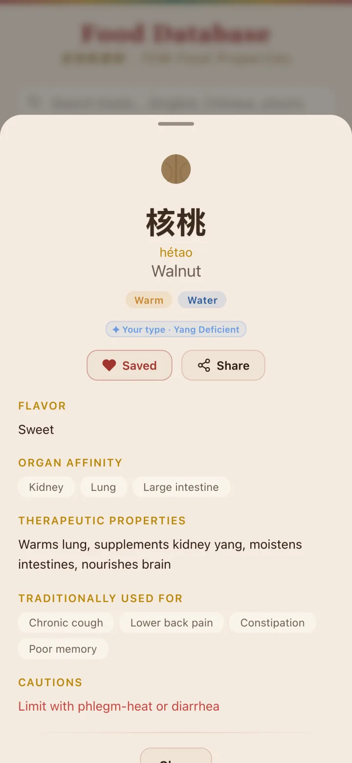 The food card for walnut, 核桃 hétao: warm nature, Water element, a “Your type” badge, Saved and Share buttons, then its flavour, organ affinity, “Therapeutic Properties”, traditional uses and cautions